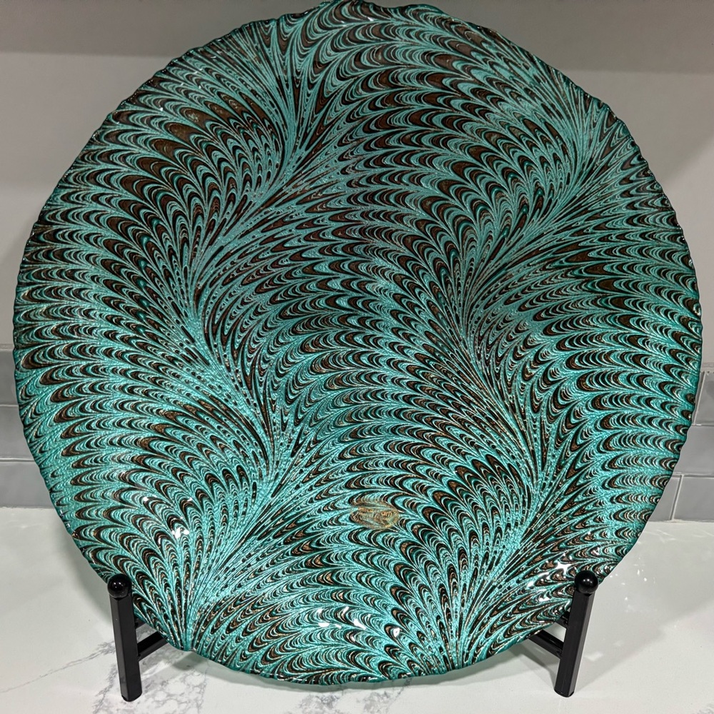 Decorative Turquoise and Black hand made round Swirl Plate made in Turkey EUC